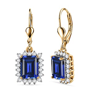 D'Joy Lab Grown Ceylon Blue Sapphire and Moissanite 6.80 ctw Earrings in 18K Vermeil Yellow Gold Over Sterling Silver