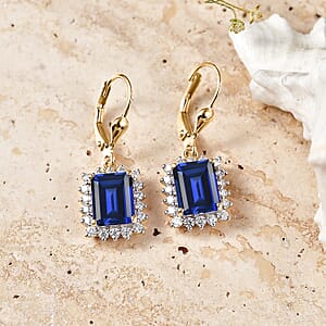 D'Joy Lab Grown Ceylon Blue Sapphire and Moissanite 6.80 ctw Earrings in 18K Vermeil Yellow Gold Over Sterling Silver