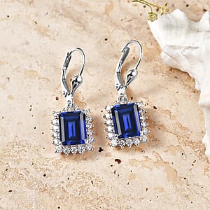 D'Joy Lab Grown Ceylon Blue Sapphire and Moissanite 6.80 ctw Earrings in Rhodium Over Sterling Silver