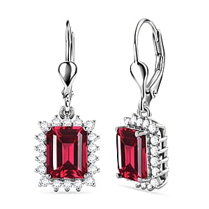D'Joy Lab Grown Padparadscha Sapphire and Moissanite 6.80 ctw Earrings in Rhodium Over Sterling Silver