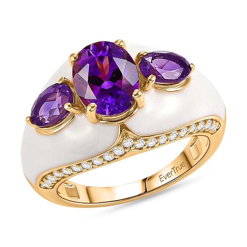 EverTrue Premium Moroccan Amethyst and White Zircon 2.80 ctw Enameled Palace Crown Ring in 18K YG Plated (Size 7.0)