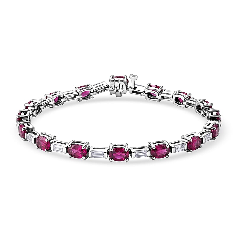 D'Joy Premium Radiant Ember Garnet and Moissanite 10.00 ctw Rose Radiance Bracelet in Rhodium Over Sterling Silver (6.50 In)