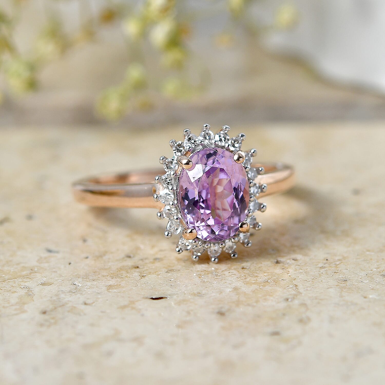 Premium Martha Rocha Kunzite and Luxuriant Lab Grown Diamond G-H SI 2.00 ctw Blush Sunburst Ring in 18K Vermeil Rose Gold Over Sterling Silver (Size  7.0)