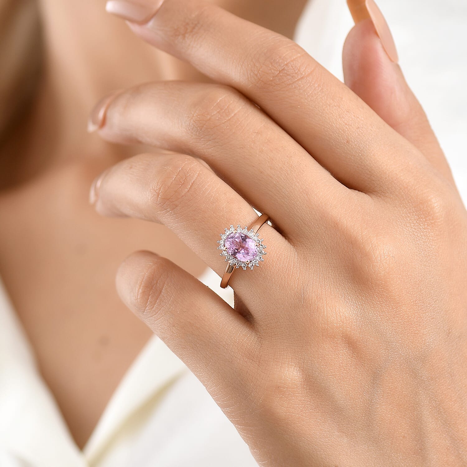 Premium Martha Rocha Kunzite and Luxuriant Lab Grown Diamond G-H SI 2.00 ctw Blush Sunburst Ring in 18K Vermeil Rose Gold Over Sterling Silver (Size  7.0)