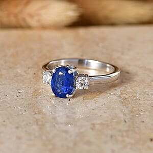 D'Joy Premium Kashmir Kyanite and Moissanite 1.85 ctw Regal Blue Spark Ring in Rhodium Over Sterling Silver (Size 10.0)