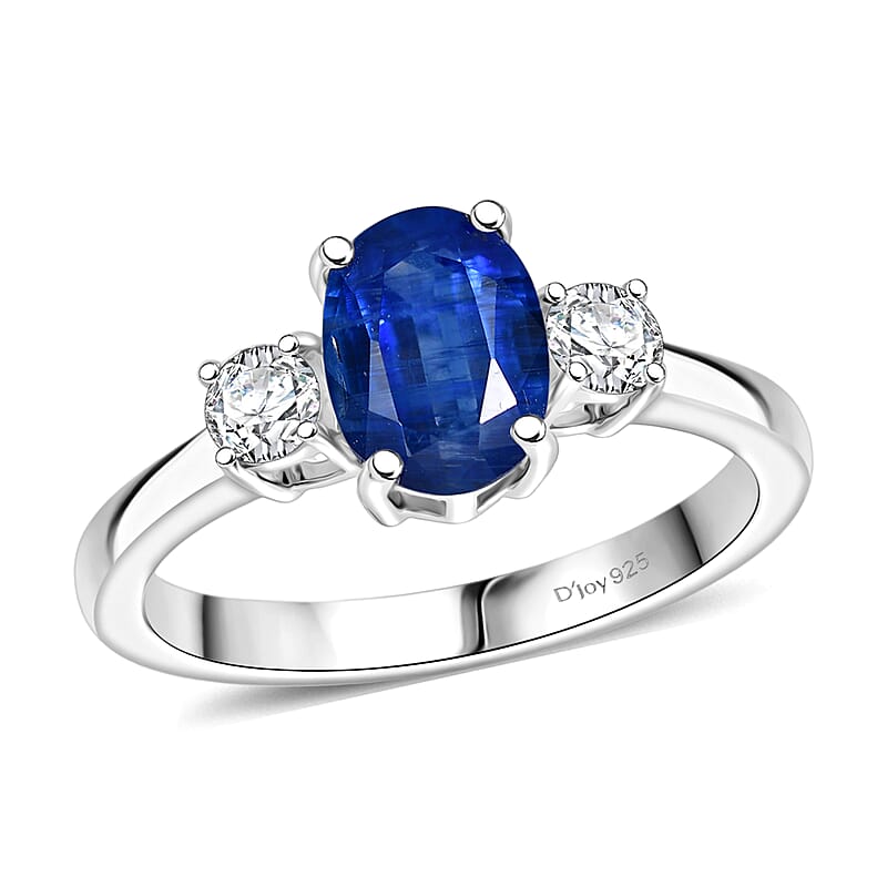 D'Joy Premium Kashmir Kyanite and Moissanite 1.85 ctw Regal Blue Spark Ring in Rhodium Over Sterling Silver (Size 6.0)