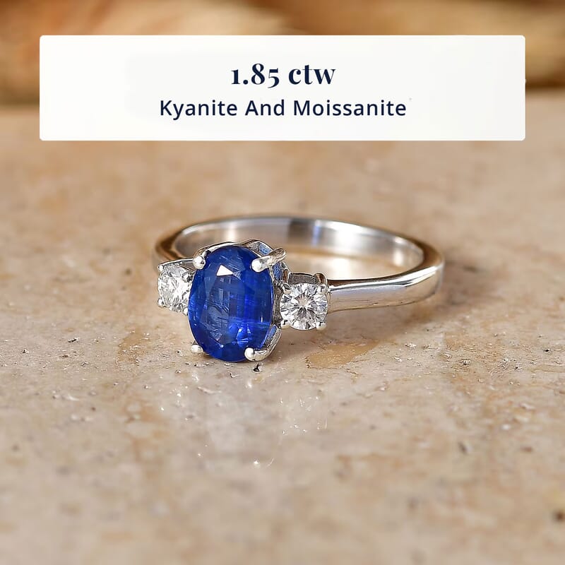 D'Joy Premium Kashmir Kyanite and Moissanite 1.85 ctw Regal Blue Spark Ring in Rhodium Over Sterling Silver (Size 6.0)