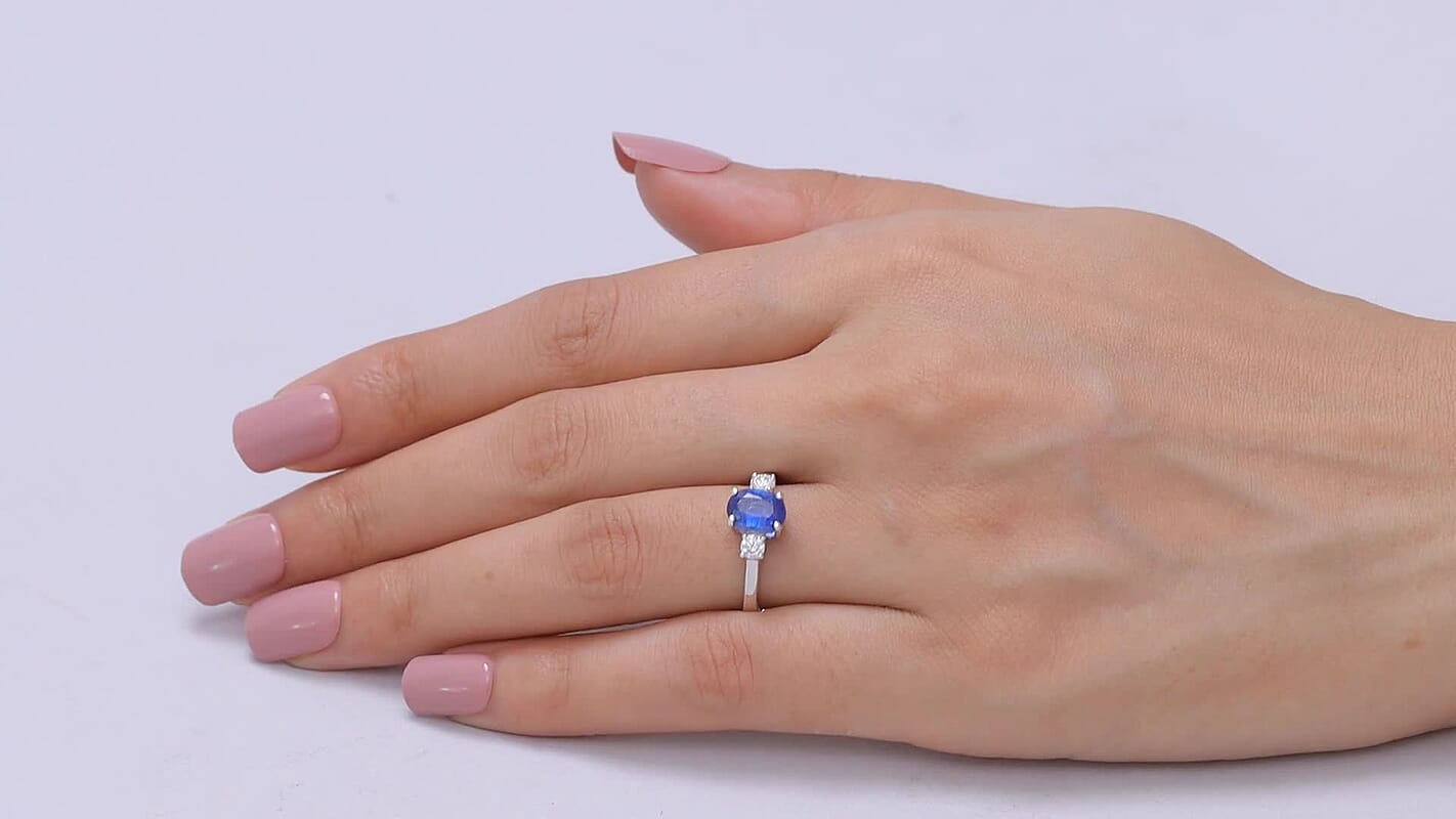 D'Joy Premium Kashmir Kyanite, Moissanite Ring in Rhodium Over Sterling Silver (Size 10.0) 1.85 ctw