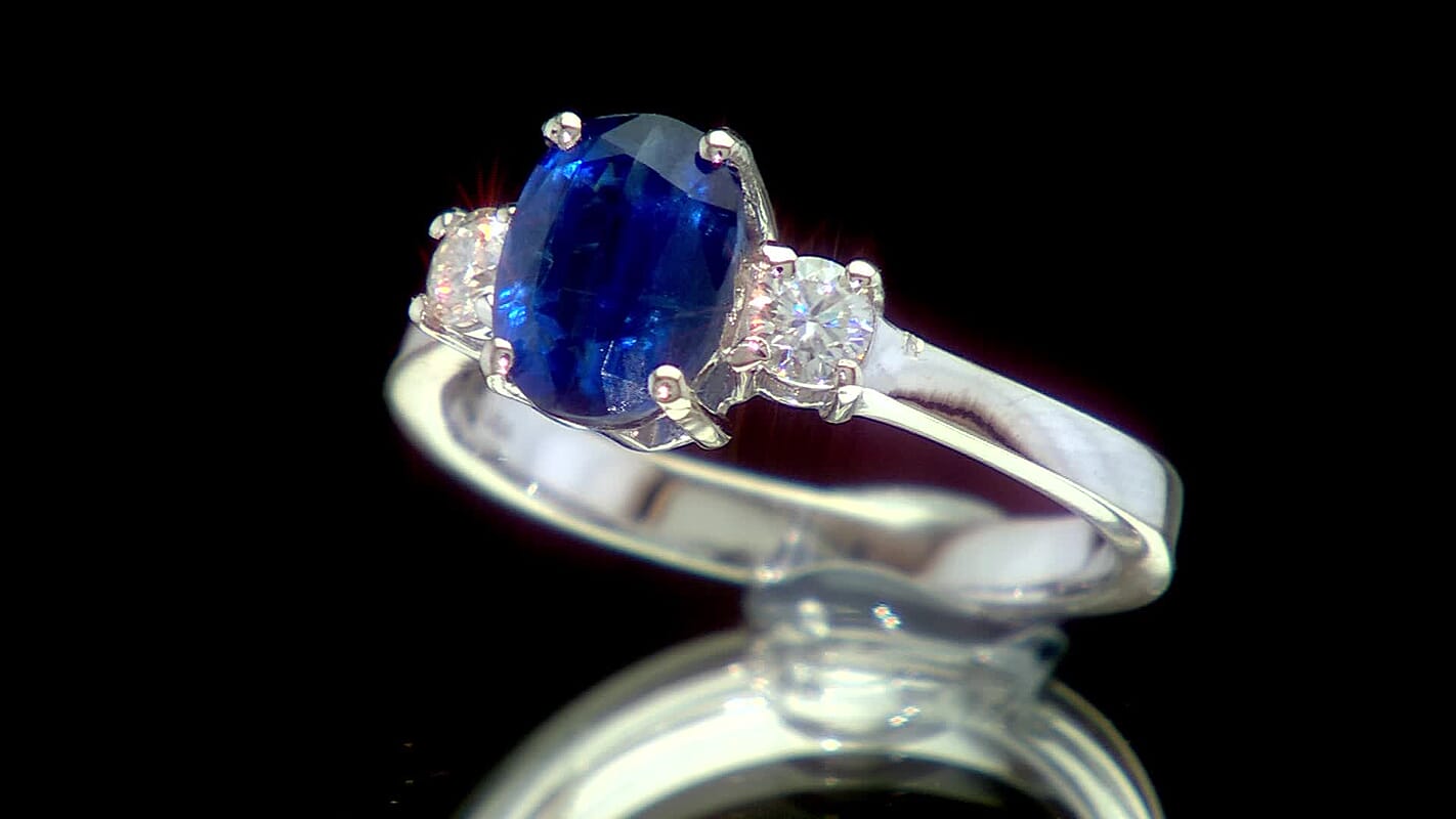 D'Joy Premium Kashmir Kyanite, Moissanite Ring in Rhodium Over Sterling Silver (Size 10.0) 1.85 ctw