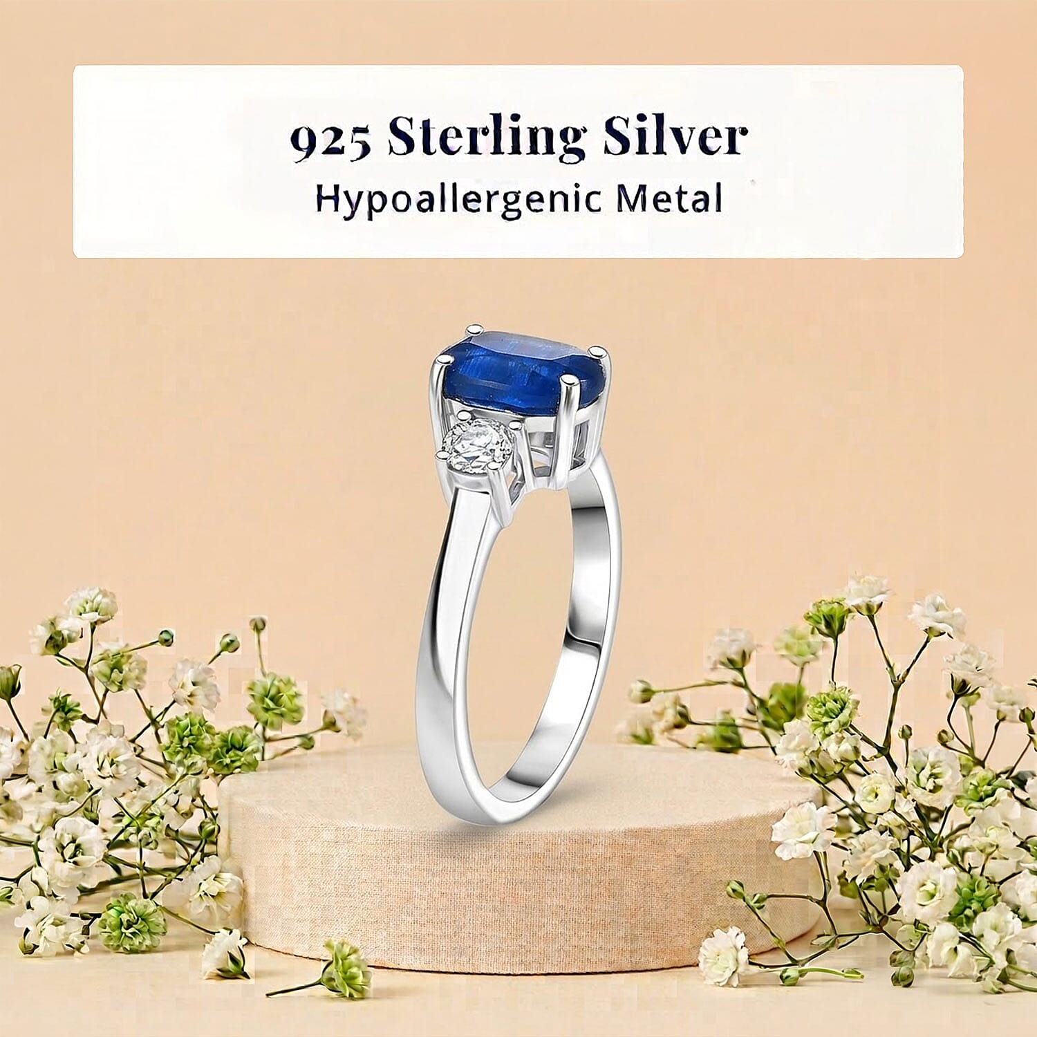 D'Joy Premium Kashmir Kyanite and Moissanite 1.85 ctw Regal Blue Spark Ring in Rhodium Over Sterling Silver (Size 7.0)