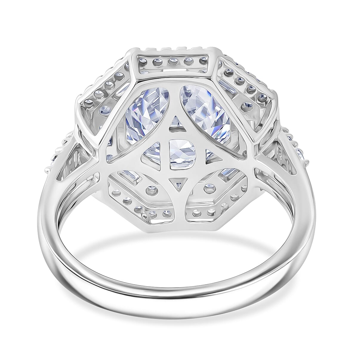 D'Joy Portuguese Cut 161 Facets Moissanite 4.60 ctw Ring in Rhodium Over Sterling Silver