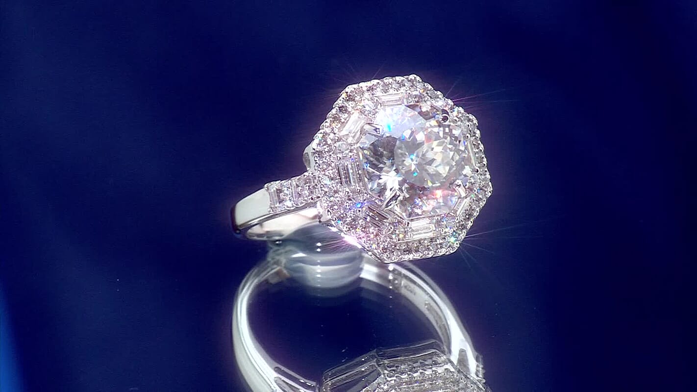 D'Joy Portuguese Cut 161 Facets Moissanite 4.60 ctw Ring in Rhodium Over Sterling Silver