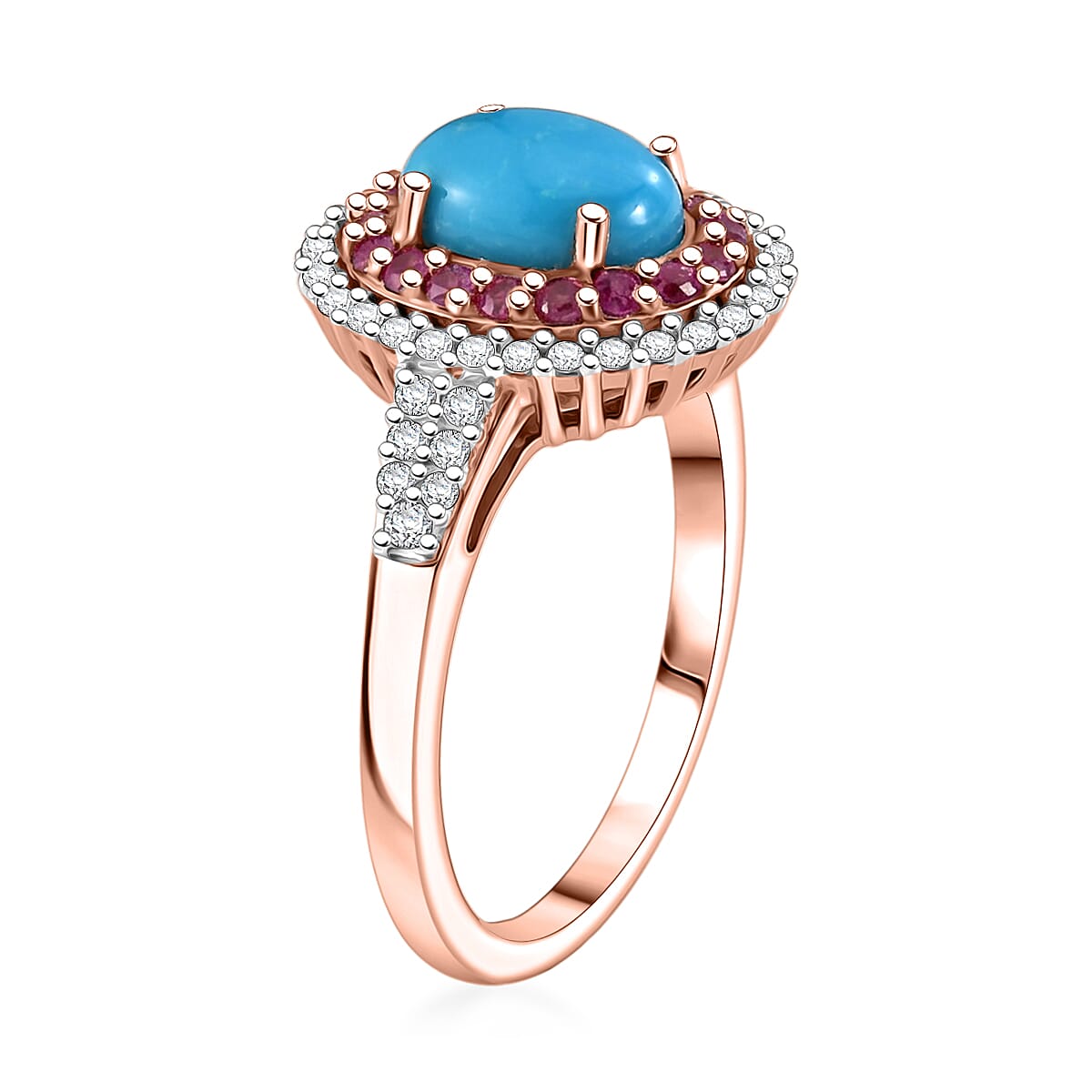 D'Joy Premium Sleeping Beauty Turquoise and Multi Gemstone 1.50 ctw Royal Halo Ring in 18K Vermeil Rose Gold Over Sterling Silver (Size 6.0)