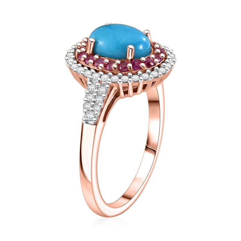 D'Joy Premium Sleeping Beauty Turquoise and Multi Gemstone 1.50 ctw Royal Halo Ring in 18K Vermeil Rose Gold Over Sterling Silver (Size 6.0)