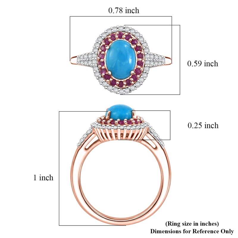 D'Joy Premium Sleeping Beauty Turquoise and Multi Gemstone 1.50 ctw Royal Halo Ring in 18K Vermeil Rose Gold Over Sterling Silver (Size 6.0)
