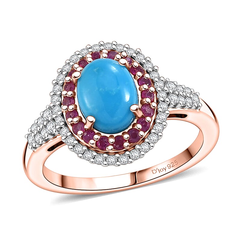 D'Joy Premium Sleeping Beauty Turquoise and Multi Gemstone 1.50 ctw Royal Halo Ring in 18K Vermeil Rose Gold Over Sterling Silver (Size 7.0)