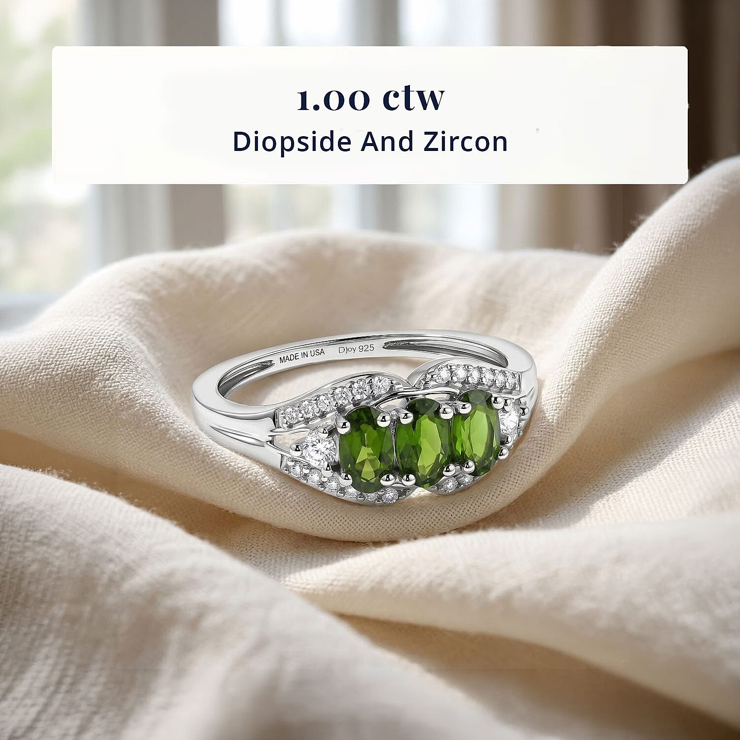 D'Joy Chrome Diopside and White Zircon 1.00 ctw Ring in Rhodium Over Sterling Silver (Size 8.0)