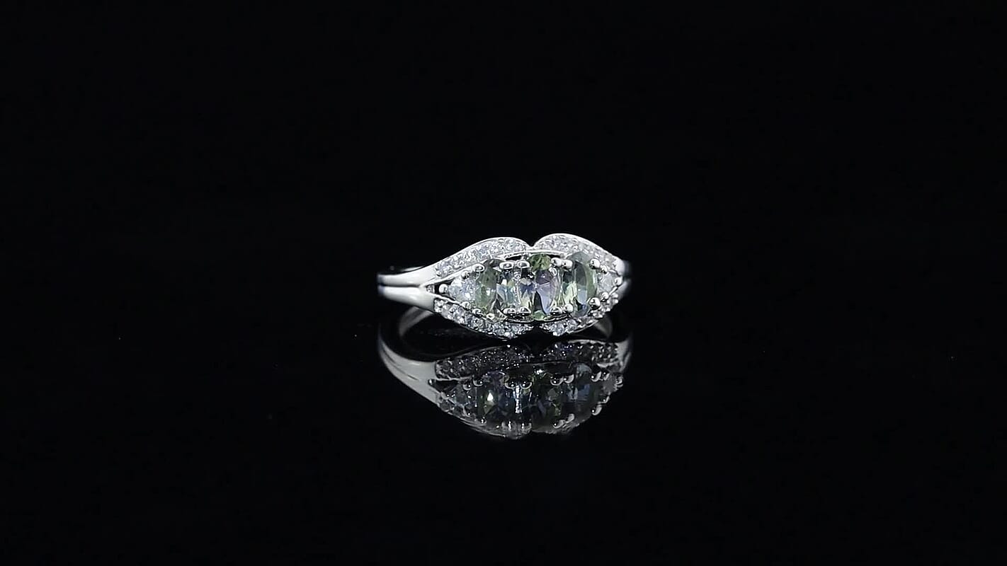 D'Joy Green Tanzanite, White Zircon Ring in Rhodium Over Sterling Silver (Size 10.0) 1.00 ctw