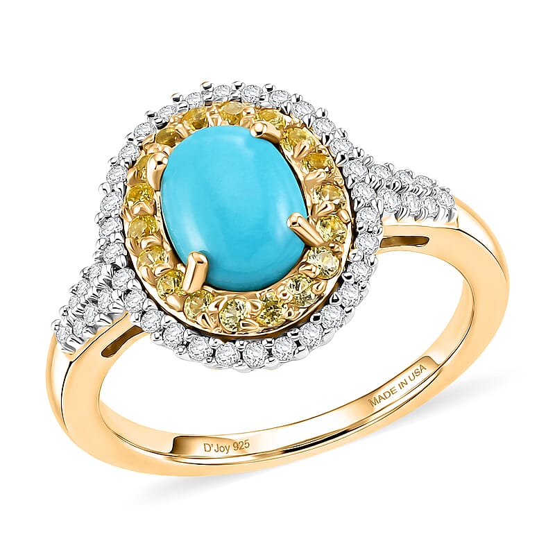 D'Joy Premium Sleeping Beauty Turquoise and Multi Gemstone 1.50 ctw Royal Halo Ring in 18K Vermeil Yellow Gold Over Sterling Silver (Size 6.0)
