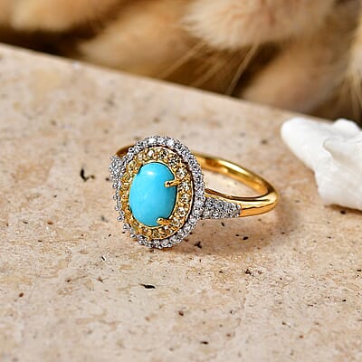 D'Joy Premium Sleeping Beauty Turquoise and Multi Gemstone 1.50 ctw Royal Halo Ring in 18K Vermeil Yellow Gold Over Sterling Silver (Size 6.0)