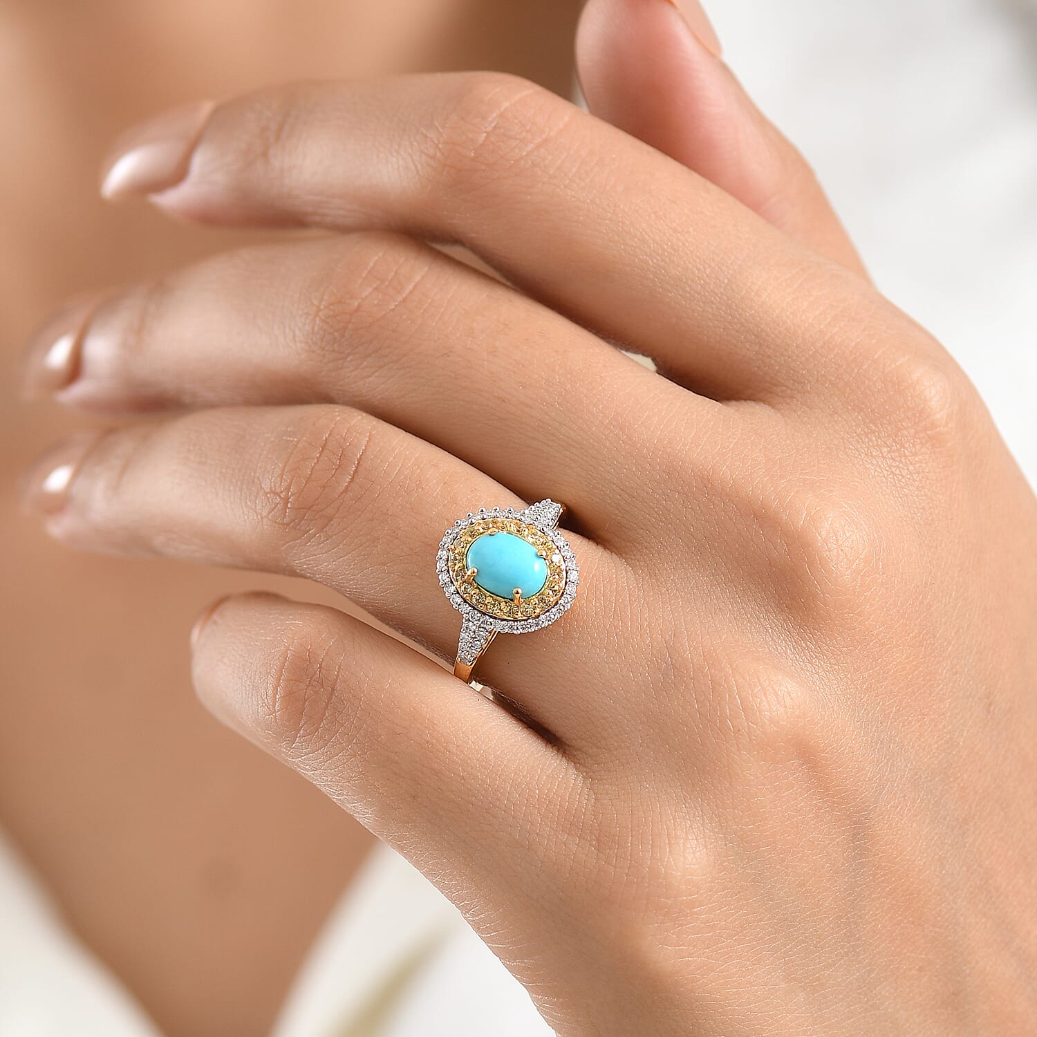 D'Joy Premium Sleeping Beauty Turquoise and Multi Gemstone 1.50 ctw Royal Halo Ring in 18K Vermeil Yellow Gold Over Sterling Silver (Size 6.0)
