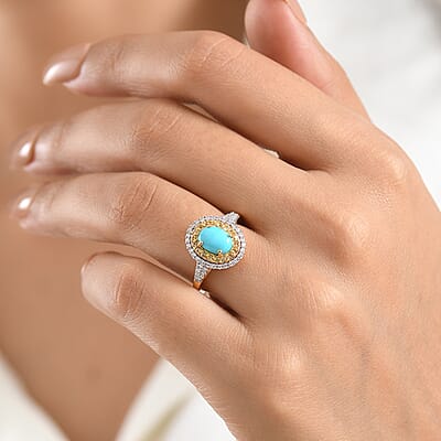D'Joy Premium Sleeping Beauty Turquoise and Multi Gemstone 1.50 ctw Royal Halo Ring in 18K Vermeil Yellow Gold Over Sterling Silver (Size 6.0)