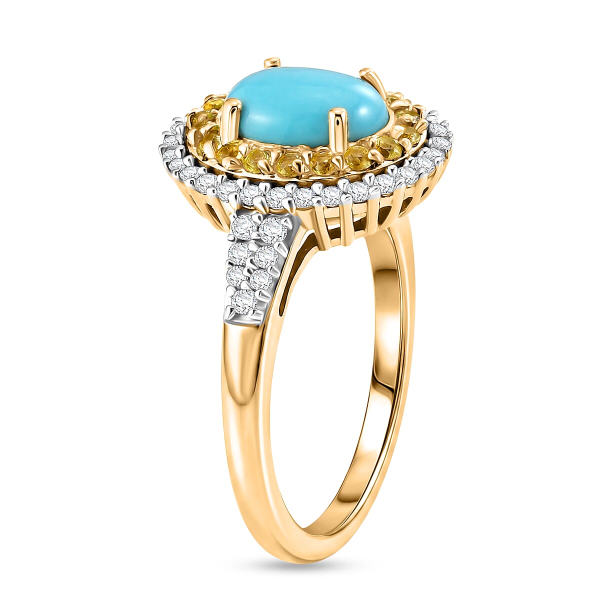 D'Joy Premium Sleeping Beauty Turquoise and Multi Gemstone 1.50 ctw Royal Halo Ring in 18K Vermeil Yellow Gold Over Sterling Silver (Size 6.0)