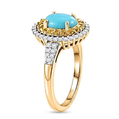 D'Joy Premium Sleeping Beauty Turquoise and Multi Gemstone 1.50 ctw Royal Halo Ring in 18K Vermeil Yellow Gold Over Sterling Silver (Size 6.0)