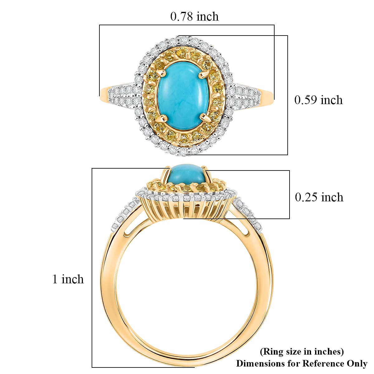 D'Joy Premium Sleeping Beauty Turquoise and Multi Gemstone 1.50 ctw Royal Halo Ring in 18K Vermeil Yellow Gold Over Sterling Silver (Size 6.0)