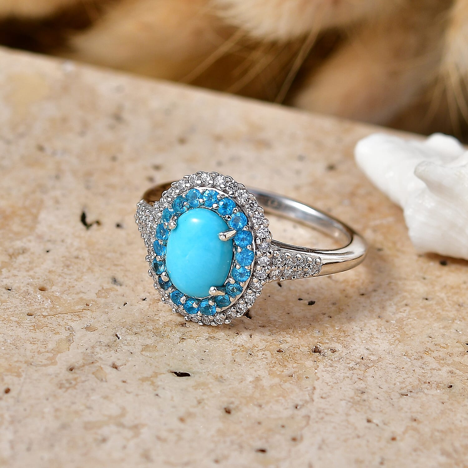 D'Joy Premium Sleeping Beauty Turquoise and Multi Gemstone 1.75 ctw Royal Halo Ring in Rhodium Over Sterling Silver (Size 6.0)