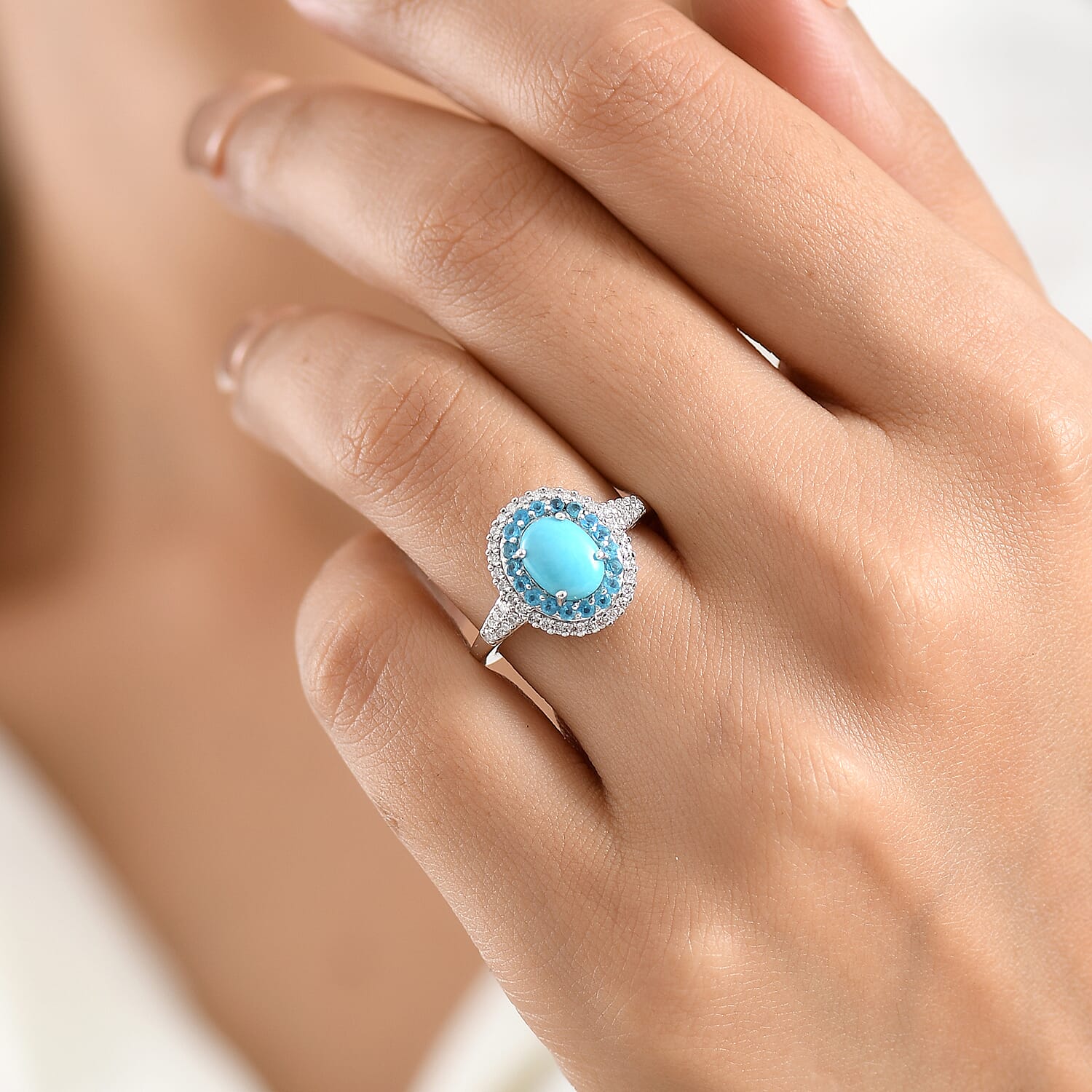 D'Joy Premium Sleeping Beauty Turquoise and Multi Gemstone 1.75 ctw Royal Halo Ring in Rhodium Over Sterling Silver (Size 6.0)