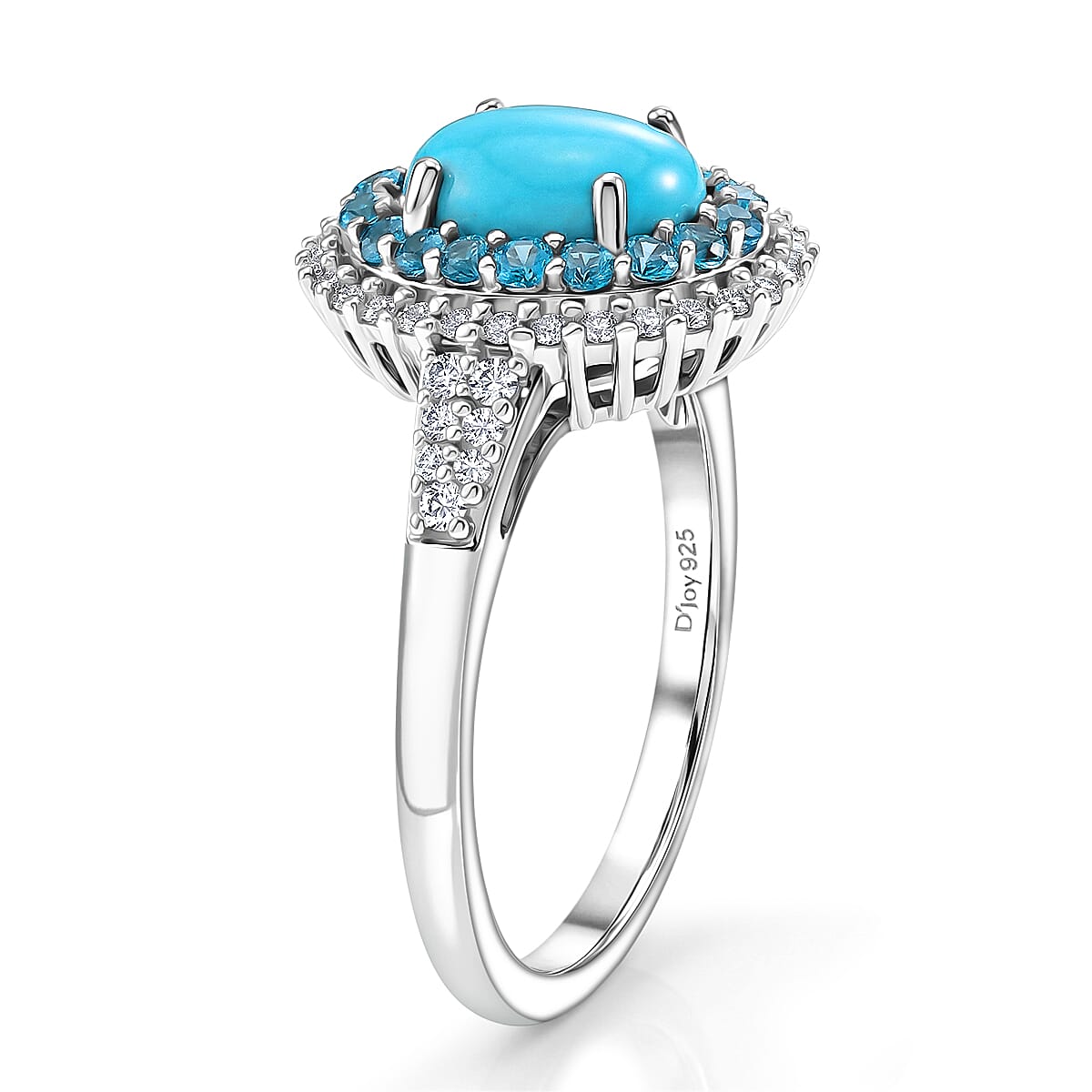 D'Joy Premium Sleeping Beauty Turquoise and Multi Gemstone 1.75 ctw Royal Halo Ring in Rhodium Over Sterling Silver (Size 6.0)