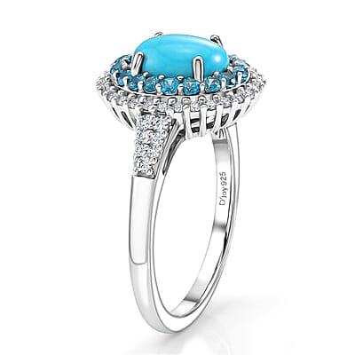 D'Joy Premium Sleeping Beauty Turquoise and Multi Gemstone 1.75 ctw Royal Halo Ring in Rhodium Over Sterling Silver (Size 6.0)