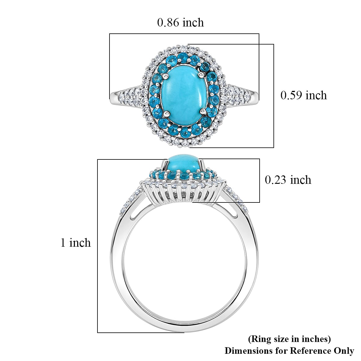 D'Joy Premium Sleeping Beauty Turquoise and Multi Gemstone 1.75 ctw Royal Halo Ring in Rhodium Over Sterling Silver (Size 6.0)