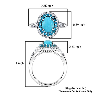 D'Joy Premium Sleeping Beauty Turquoise and Multi Gemstone 1.75 ctw Royal Halo Ring in Rhodium Over Sterling Silver (Size 6.0)