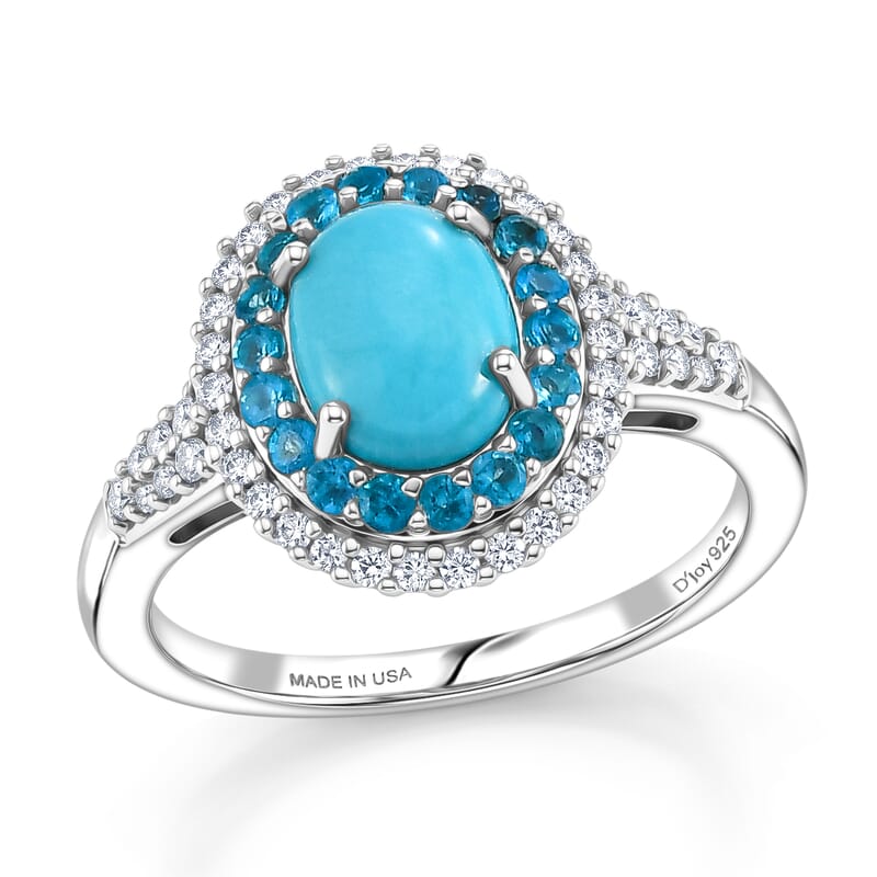 D'Joy Premium Sleeping Beauty Turquoise and Multi Gemstone 1.75 ctw Royal Halo Ring in Rhodium Over Sterling Silver (Size 7.0)