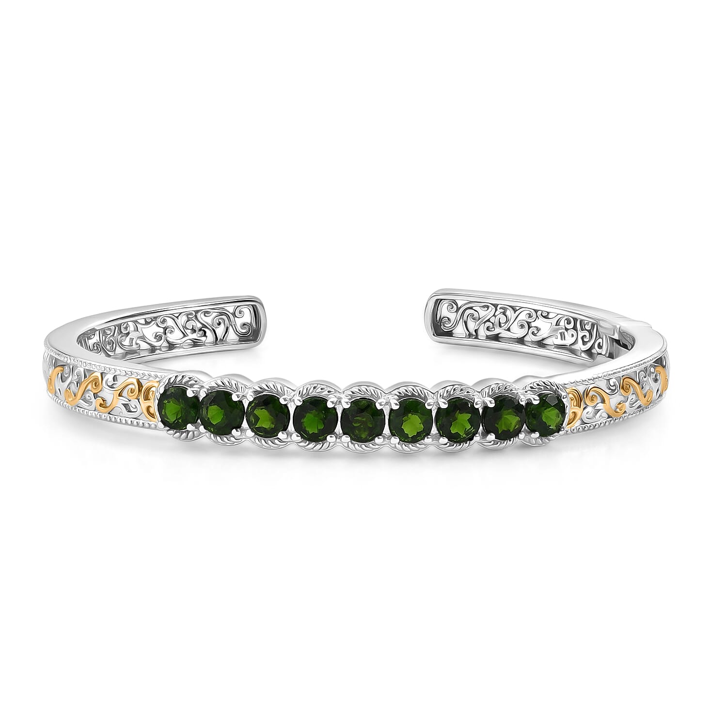 Doorbuster EverTrue Chrome Diopside 5.15 ctw Emerald Glow Curve Cuff Bangle Bracelet in 18K YG Plated and Platinum Bond (7.25 In)