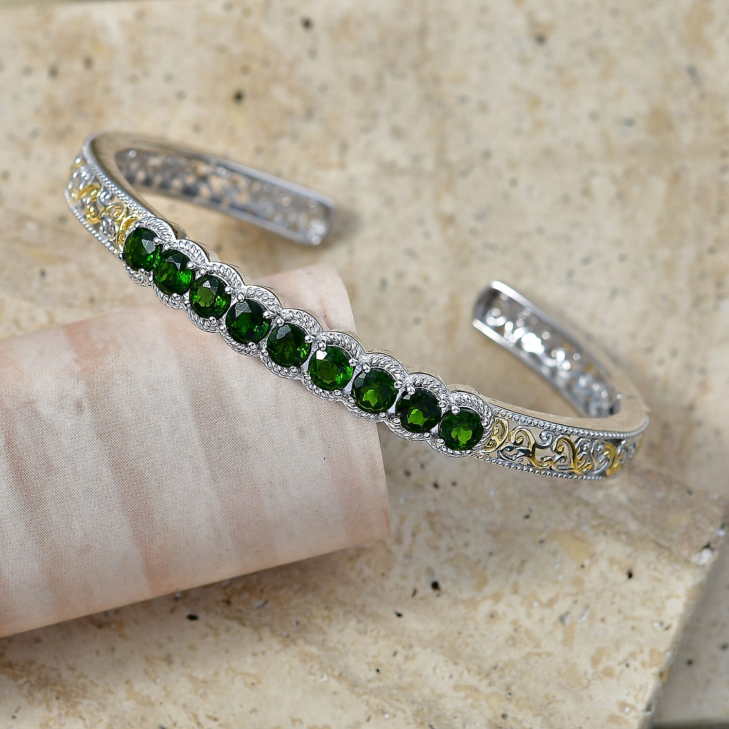 Doorbuster EverTrue Chrome Diopside 5.15 ctw Emerald Glow Curve Cuff Bangle Bracelet in 18K YG Plated and Platinum Bond (7.25 In)