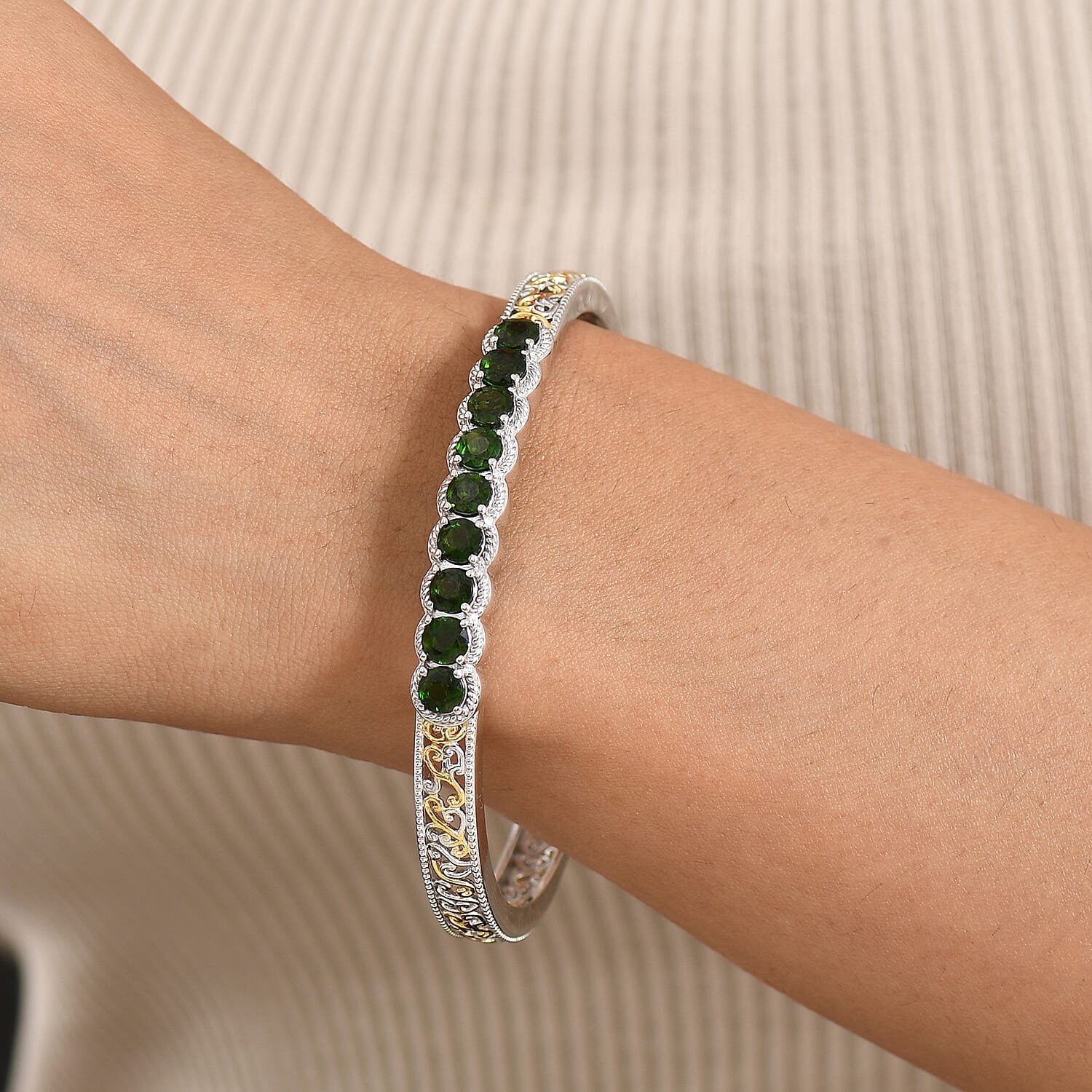 Doorbuster EverTrue Chrome Diopside 5.15 ctw Emerald Glow Curve Cuff Bangle Bracelet in 18K YG Plated and Platinum Bond (7.25 In)