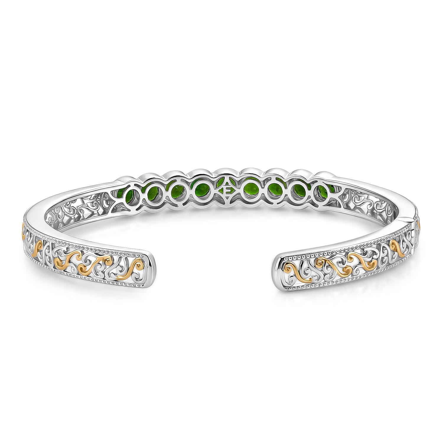 Doorbuster EverTrue Chrome Diopside 5.15 ctw Emerald Glow Curve Cuff Bangle Bracelet in 18K YG Plated and Platinum Bond (7.25 In)