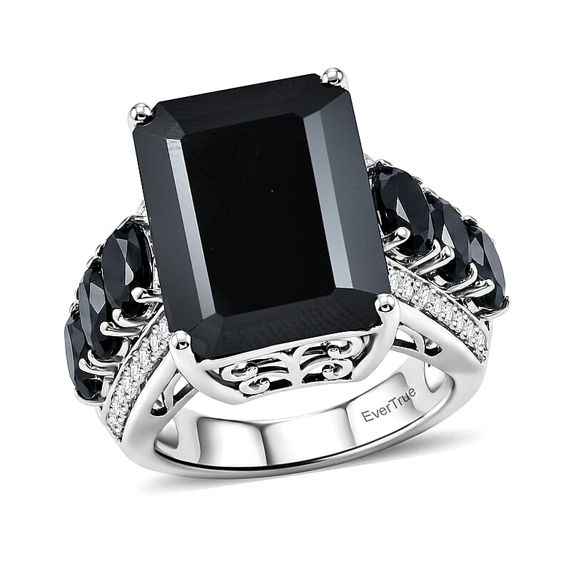 EverTrue Thai Black Spinel and White Zircon 21.50 ctw Dusky Shine Ring in 18K YG Plated and Platinum Bond (Size 6.0)