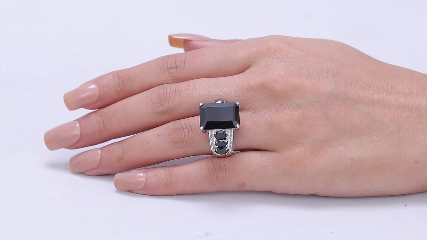 EverTrue Thai Black Spinel, White Zircon Ring in 18K YG Plated and Platinum Bond (Size 10.0) 21.50 ctw
