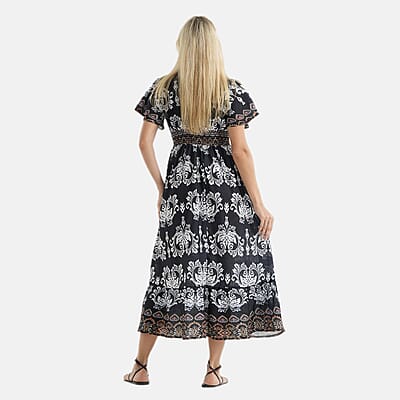 La Marey Black with White Print Back Smocking Woven Dress -One Size Missy