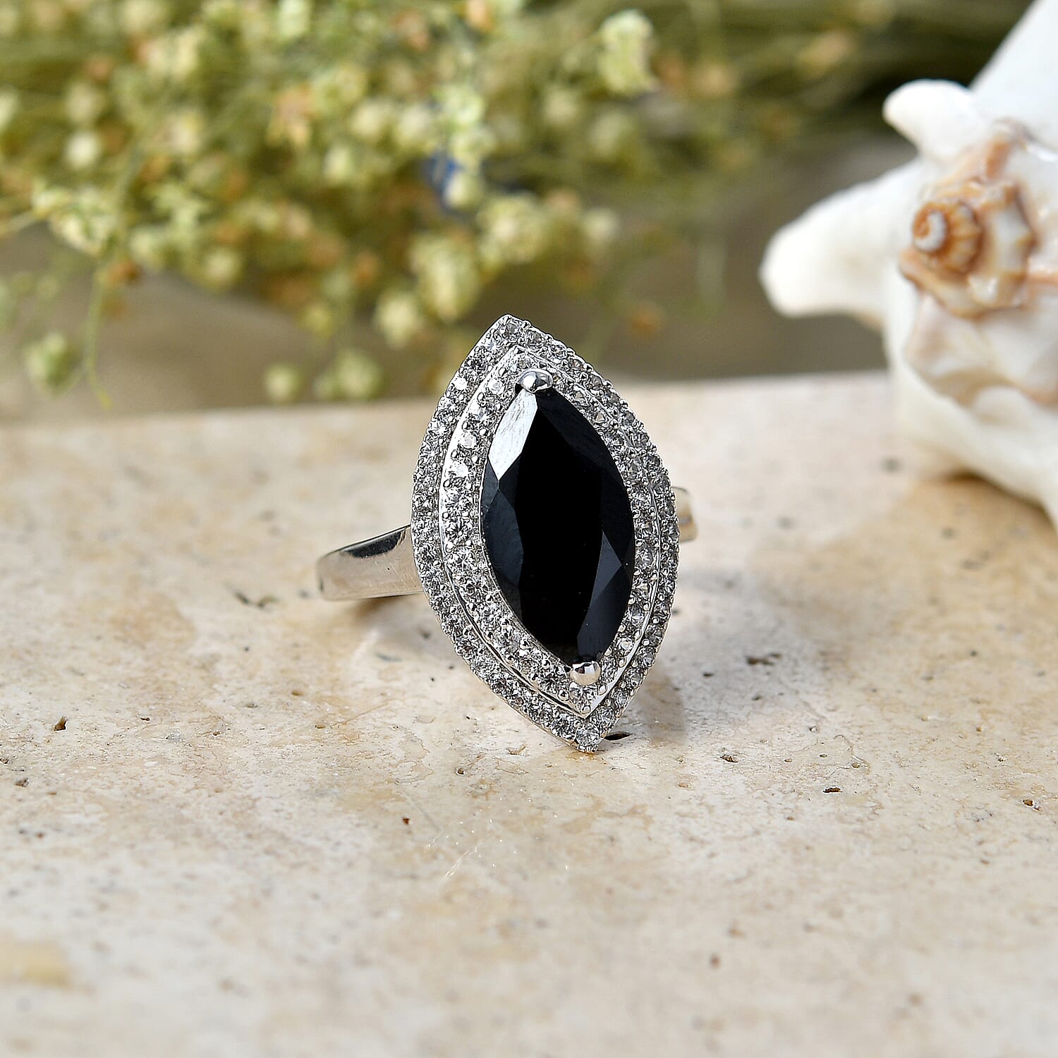 EverTrue Thai Black Spinel and White Zircon 6.00 ctw Eye of Midnight Ring in Platinum Bond (Size 7.0)