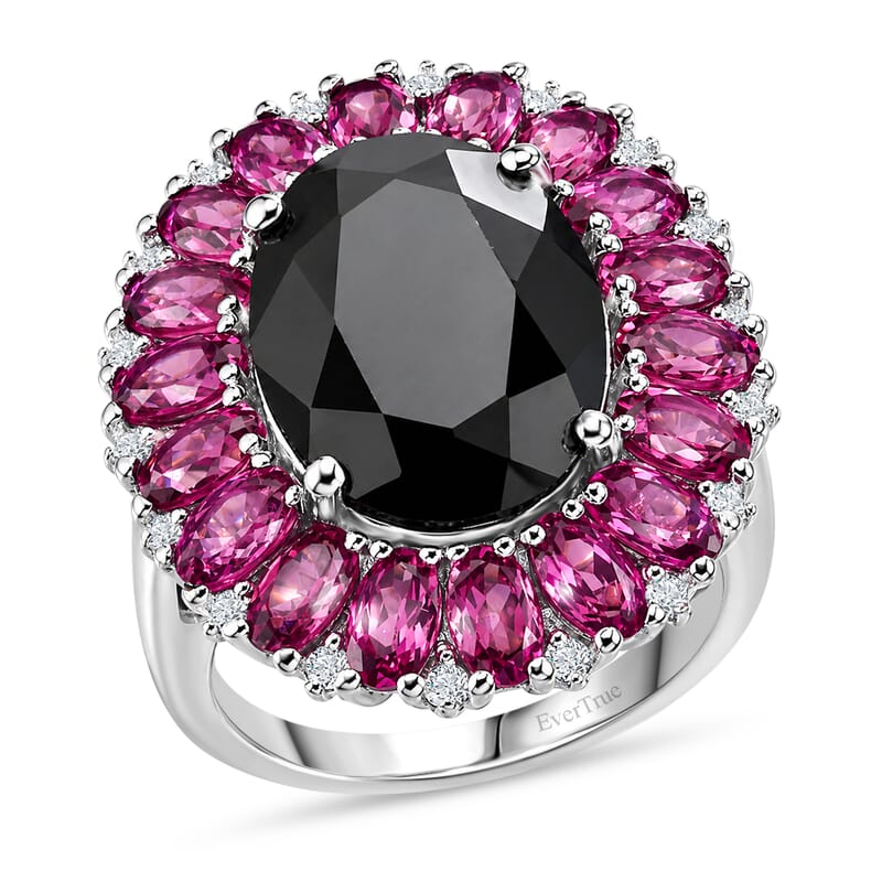 EverTrue Thai Black Spinel, Orissa Rose Garnet and White Zircon 16.00 ctw Eclipse Halo Ring in Platinum Bond (Size 6.0)