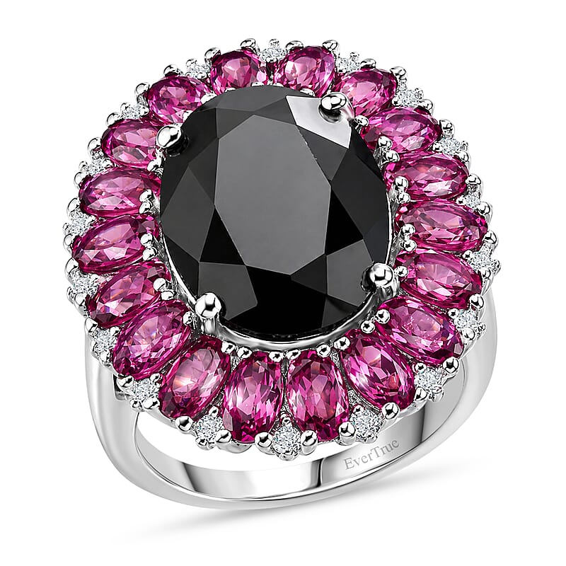 EverTrue Thai Black Spinel, Orissa Rose Garnet and White Zircon 16.00 ctw Eclipse Halo Ring in Platinum Bond (Size 6.0)