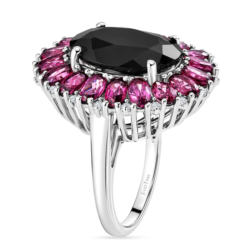 EverTrue Thai Black Spinel, Orissa Rose Garnet and White Zircon 16.00 ctw Eclipse Halo Ring in Platinum Bond (Size 6.0)