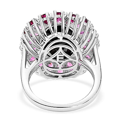 EverTrue Thai Black Spinel, Orissa Rose Garnet and White Zircon 16.00 ctw Eclipse Halo Ring in Platinum Bond (Size 6.0)