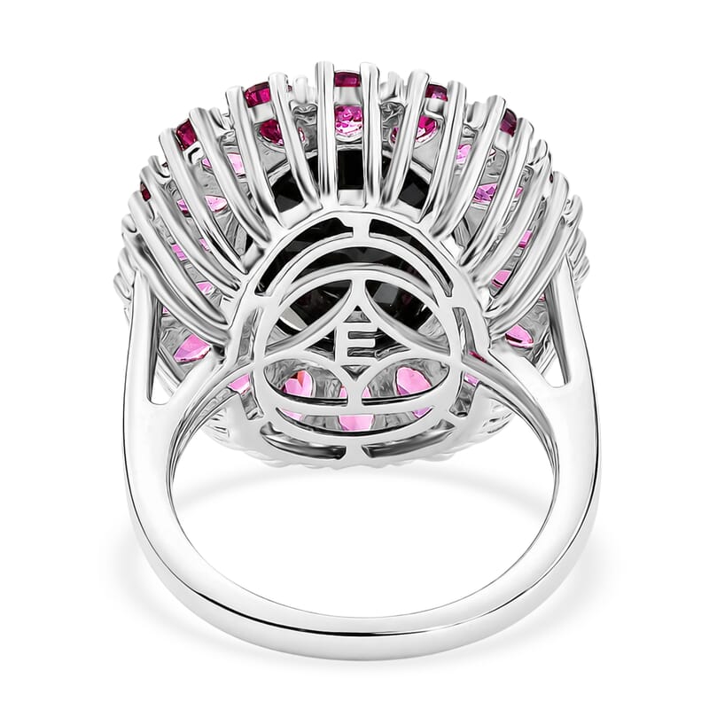 EverTrue Thai Black Spinel, Orissa Rose Garnet and White Zircon 16.00 ctw Eclipse Halo Ring in Platinum Bond (Size 6.0)
