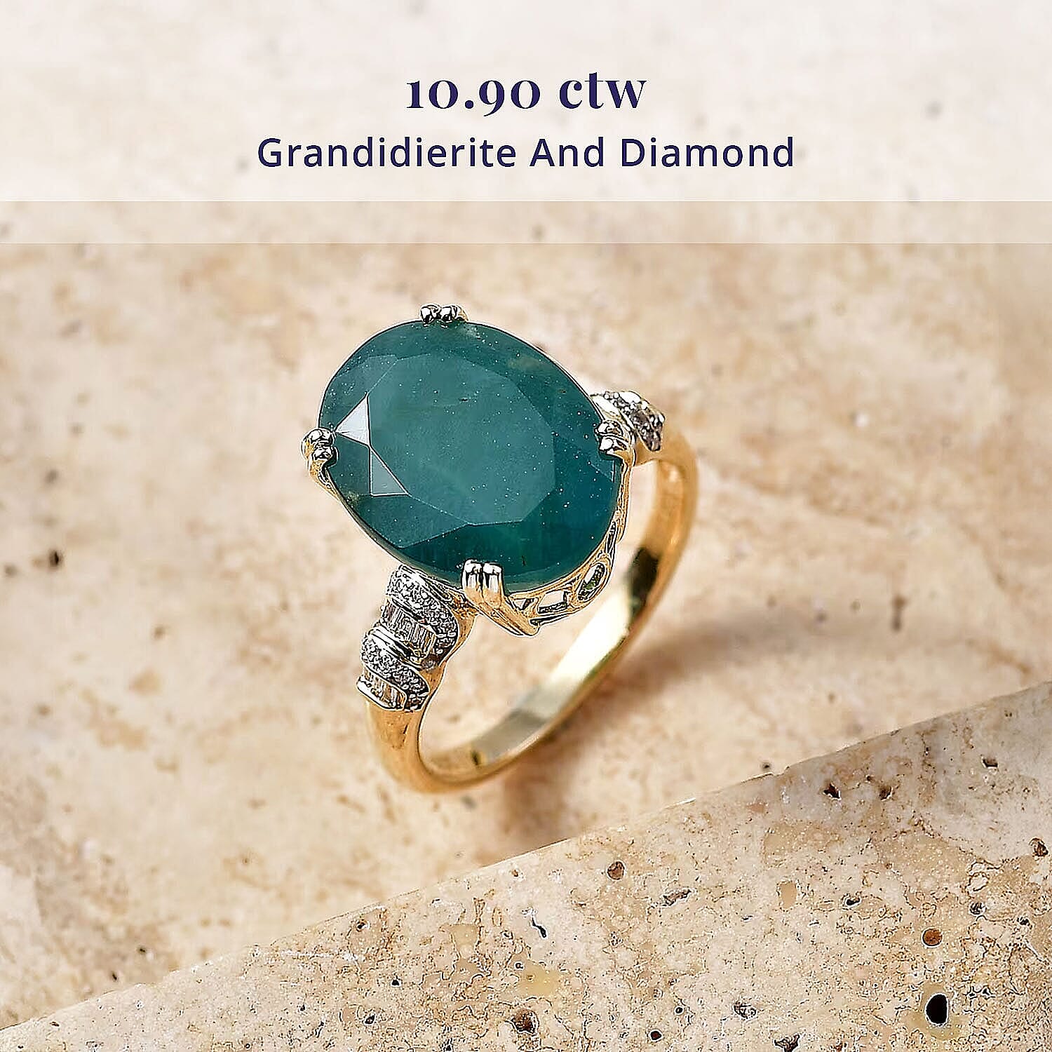 Luxoro AAA Grandidierite and Diamond I2 10.90 ctw Ocean Royale Ring in 10K Yellow Gold (Size  5.0)